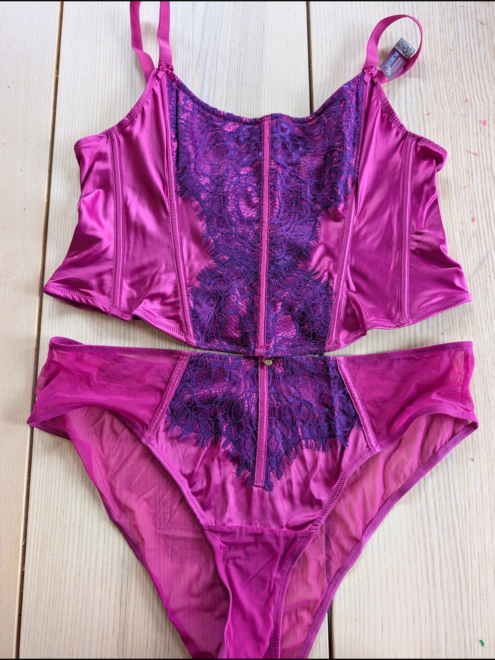 Adore Me Magenta Satin and Deep Purple Lace Bustier Set